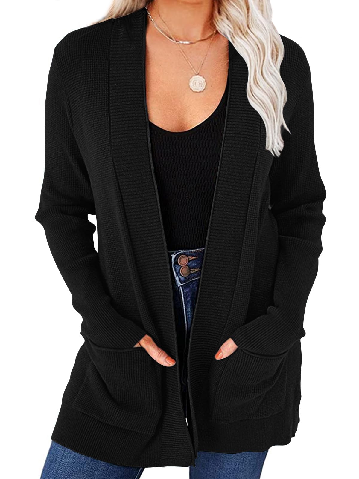 MEROKEETY Women's 2024 Fall Open Front Waffle Knit Cardigan - Long Sleeve Cozy Knit Sweater with Pockets - Perfect for Office, Casual Outfits & Autumn Layering