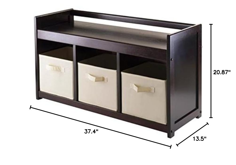 Ergode Wood Addison 4-Piece Storage Bench Set with 3 Beige Baskets - Solid Wood Entryway Bench with Espresso Finish - 37.4