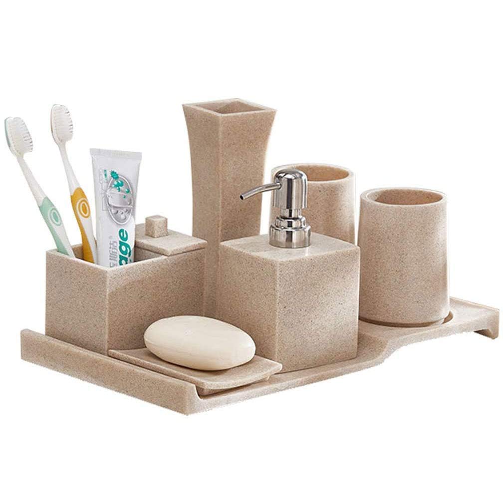 7-Piece Bathroom Accessories Set - Resin Soap Dispenser, Toothbrush Cup, Cotton Swab Holder & Tray for Modern Bathroom Organization | Spa-Style Vanity Decor for Guest Bathrooms & Master Suites