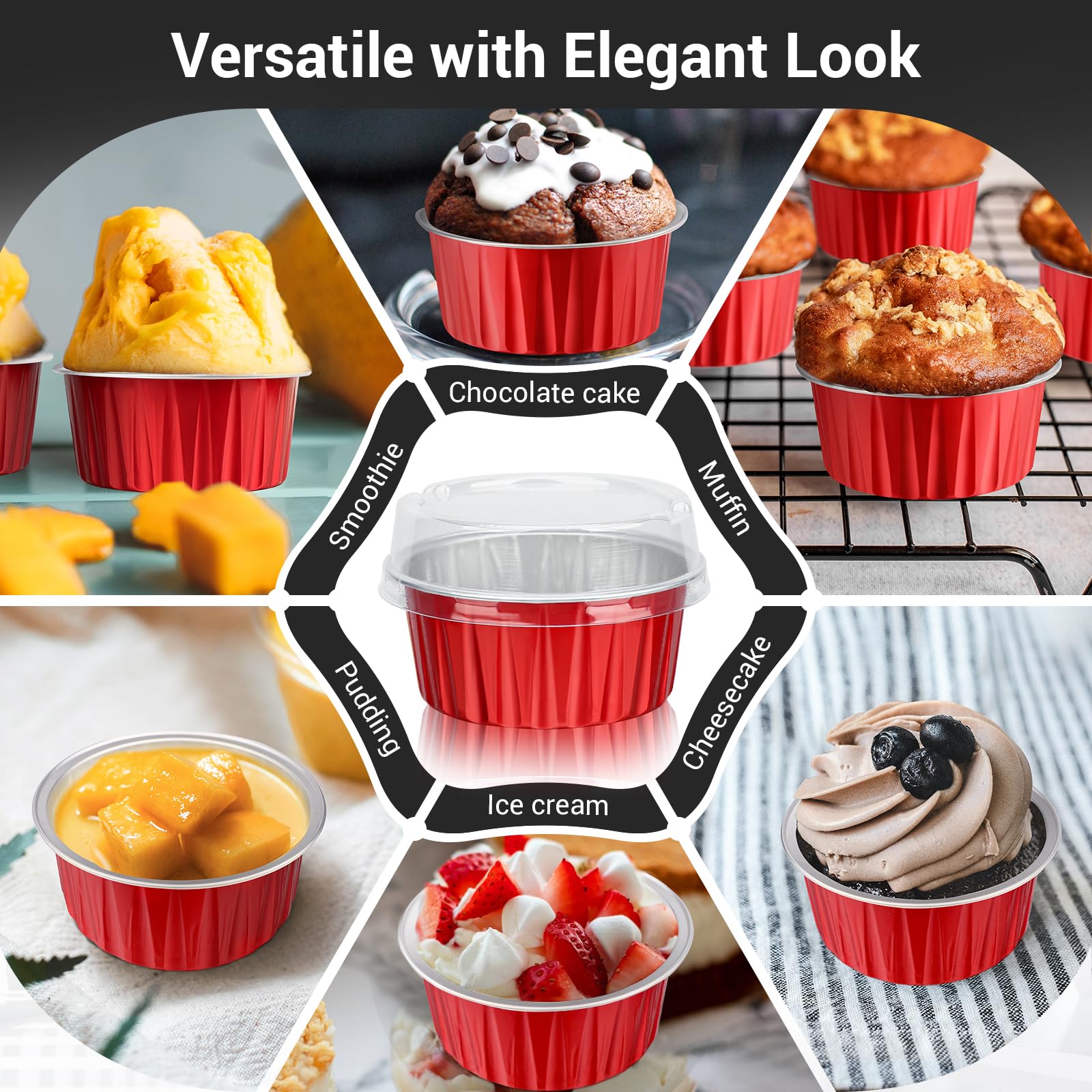 EUSOAR 100Pcs 5oz Aluminum Foil Cupcake Liners with Lids - Disposable Baking Cups for Muffins, Cupcakes & Desserts - Perfect for Home Baking, Parties & Holiday Treats