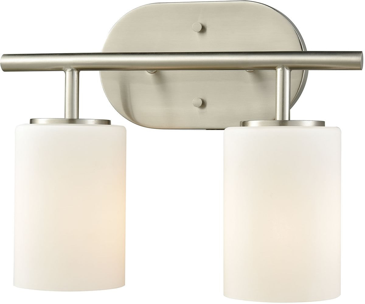 13W Pemlico 2-Light Bathroom Vanity Light Fixture in Satin Nickel with White Glass Shade - Perfect for Modern Bathroom, Powder Room, and Dressing Area Lighting