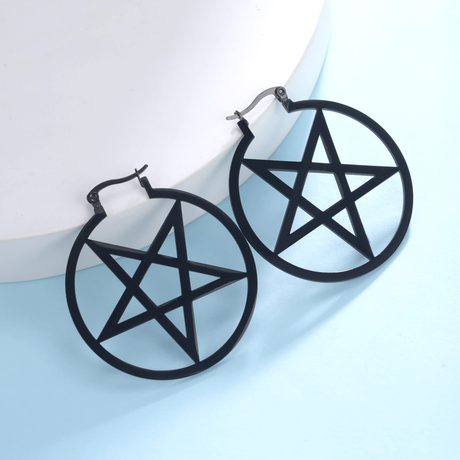 LIKGREAT Large Pentagram Earrings for Women - Gothic Pentacle Buckle Hoop Earrings - Wiccan Pagan Jewelry - Perfect for Halloween Parties, Witchy Aesthetic & Boho Fashion