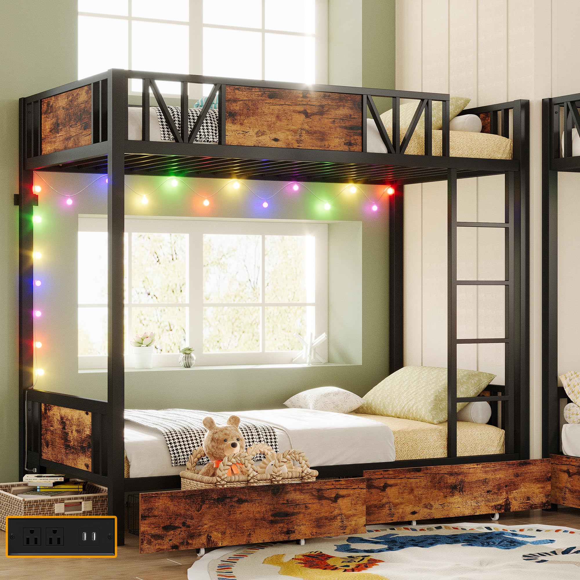 ANCTOR Metal Twin Bunk Bed with USB Power Outlet, Storage Drawers & LED Lights - Space-Saving Kids Bed Frame with Ladder, Quiet Design for Bedrooms, Dorms & Small Apartments