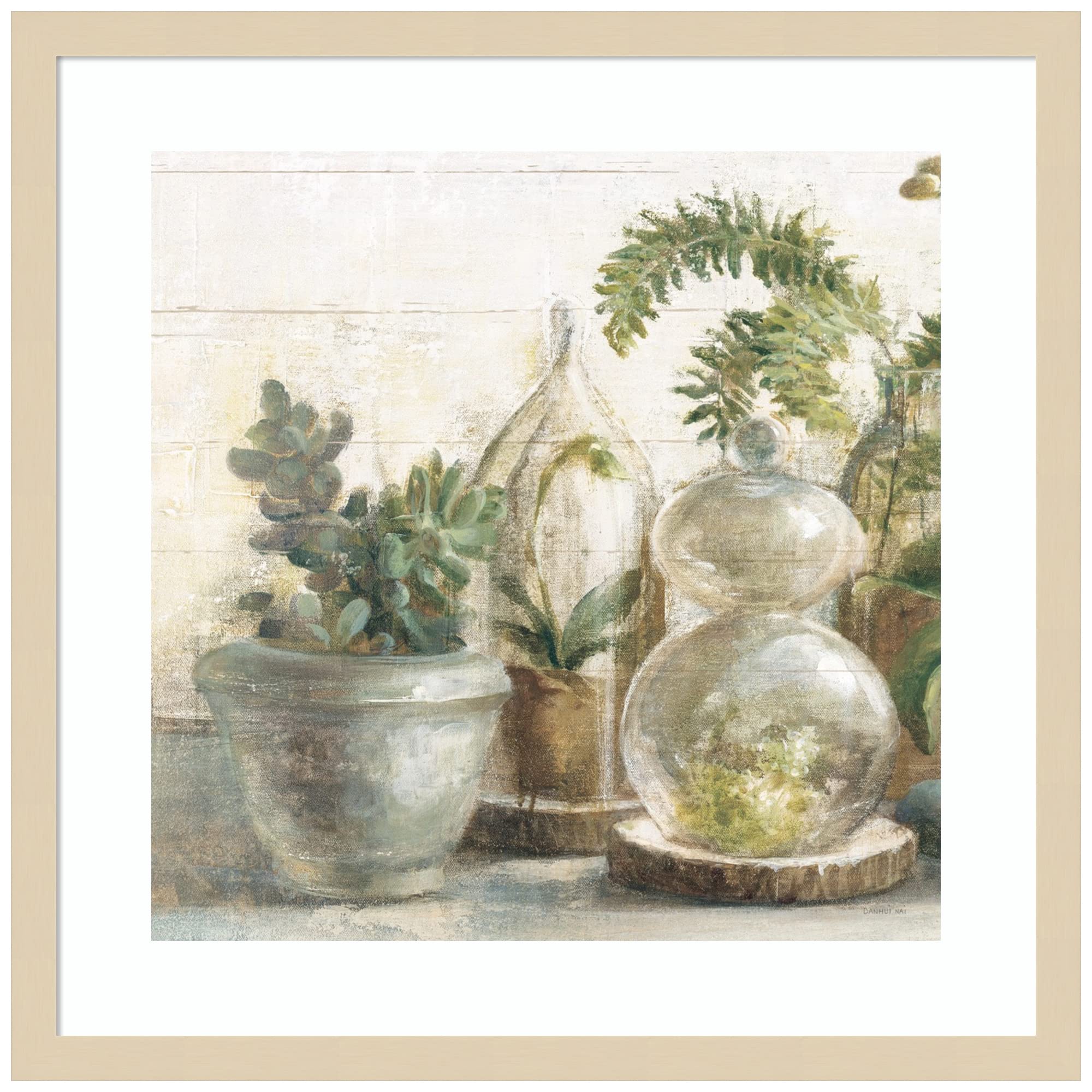 Danhui NAI Greenhouse Orchids on Shiplap II Wood Framed Wall Art Print - 21x21 Inch with Svelte Natural Frame - Botanical Home Decor for Living Room, Bedroom & Office
