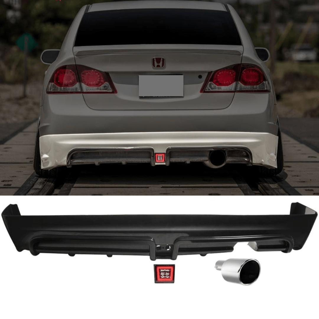 Mugen RR Style Rear Bumper Lip with LED Brake Light & Muffler Tip for 2006-2011 Honda Civic Sedan & Acura CSX - Upgrade Your Car's Rear Appearance for Street Racing & Car Shows