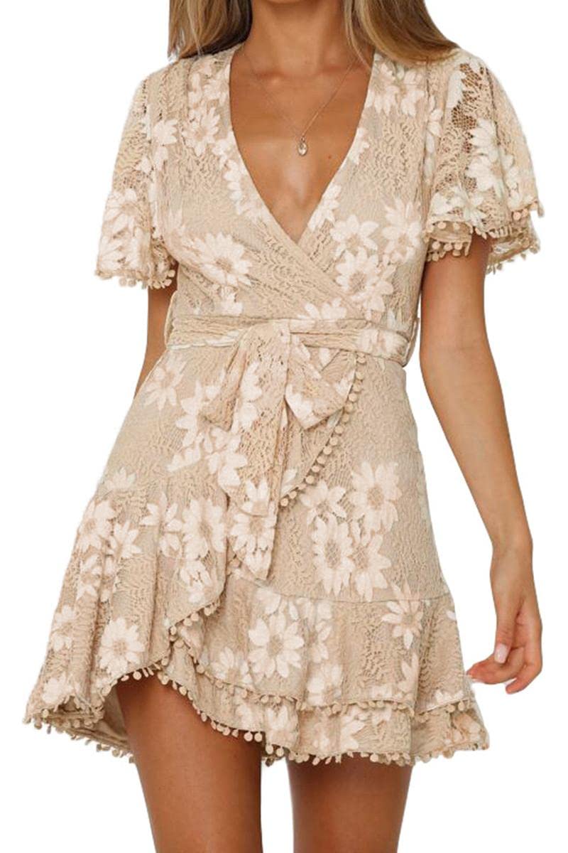 APVIRDY Floral Lace Wrap Mini Dress for Women - V Neck, Short Flutter Sleeves, Ruffle Hem Summer Dress | Perfect for Date Night, Beach Vacation & Cocktail Parties
