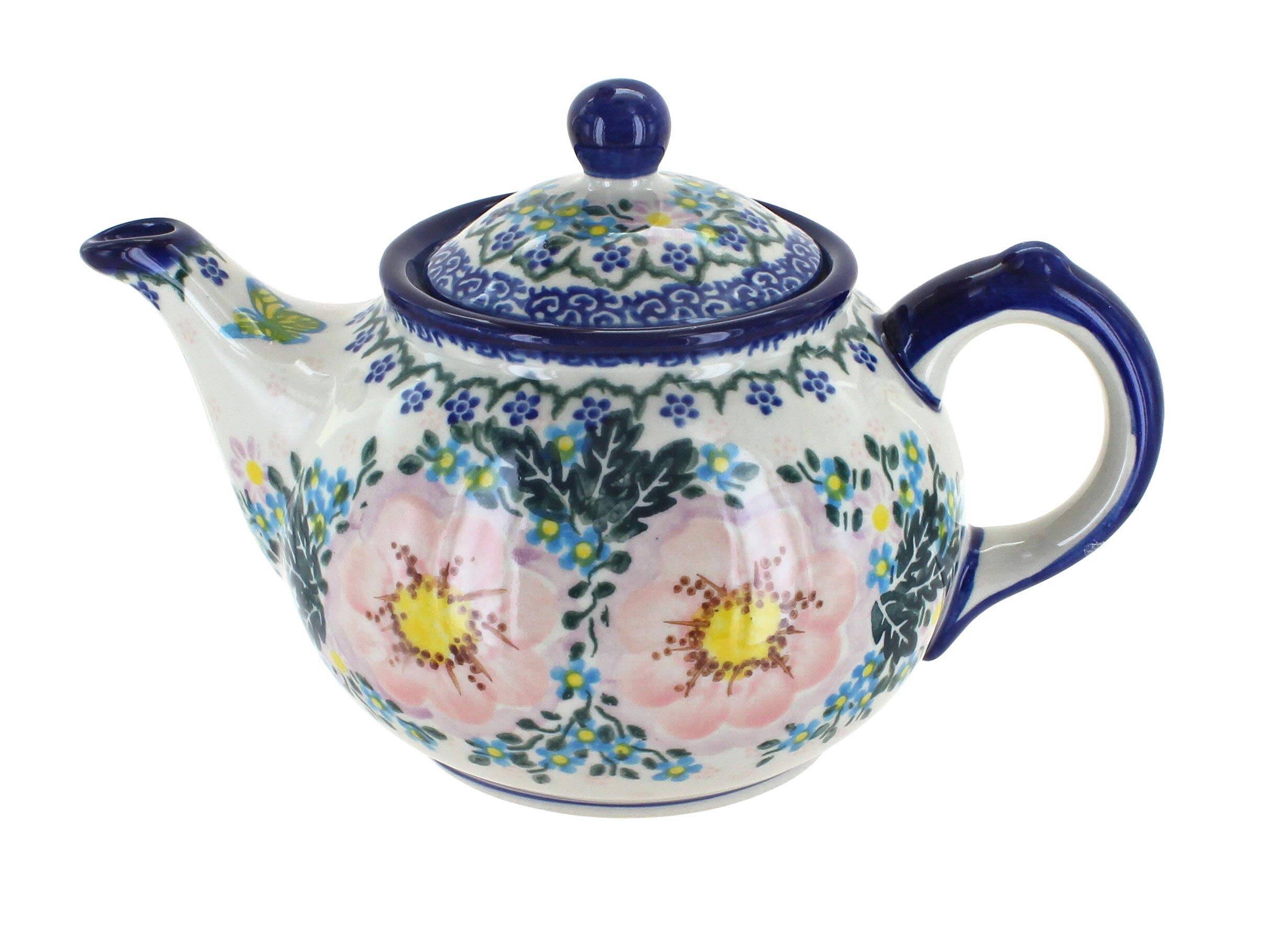 Handmade Blue Rose Polish Pottery Teapot - Small Apple Blossom Design Ceramic Teapot for Tea Lovers, Perfect for Afternoon Tea, Gifts & Home Decor
