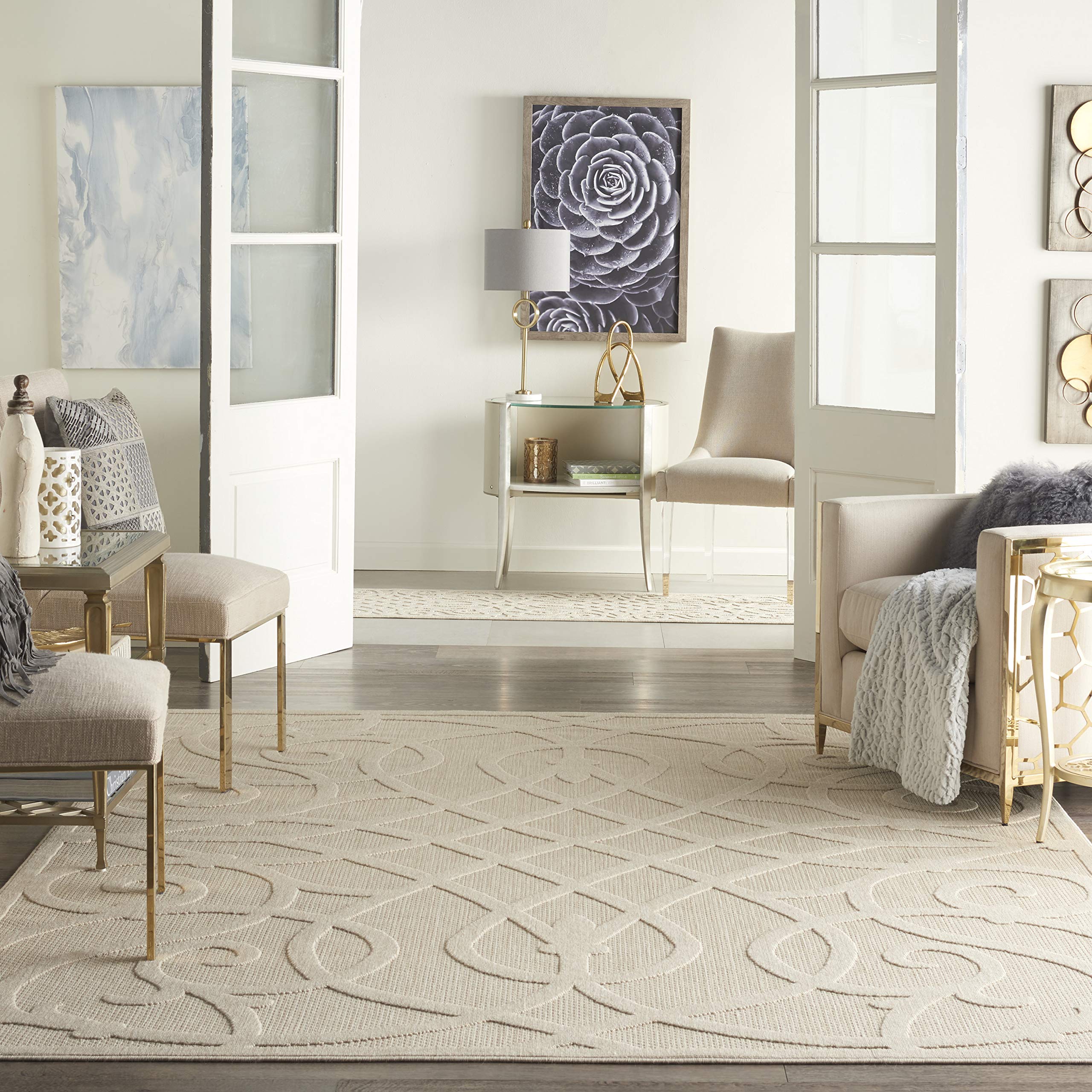 Nourison Palamos 7' x 10' Cream Indoor Outdoor Area Rug - Easy Clean, Non-Shedding, Stain Resistant for Living Room, Bedroom, Dining Room, Deck, Patio & Backyard - Perfect for Home Decor & Outdoor Entertaining