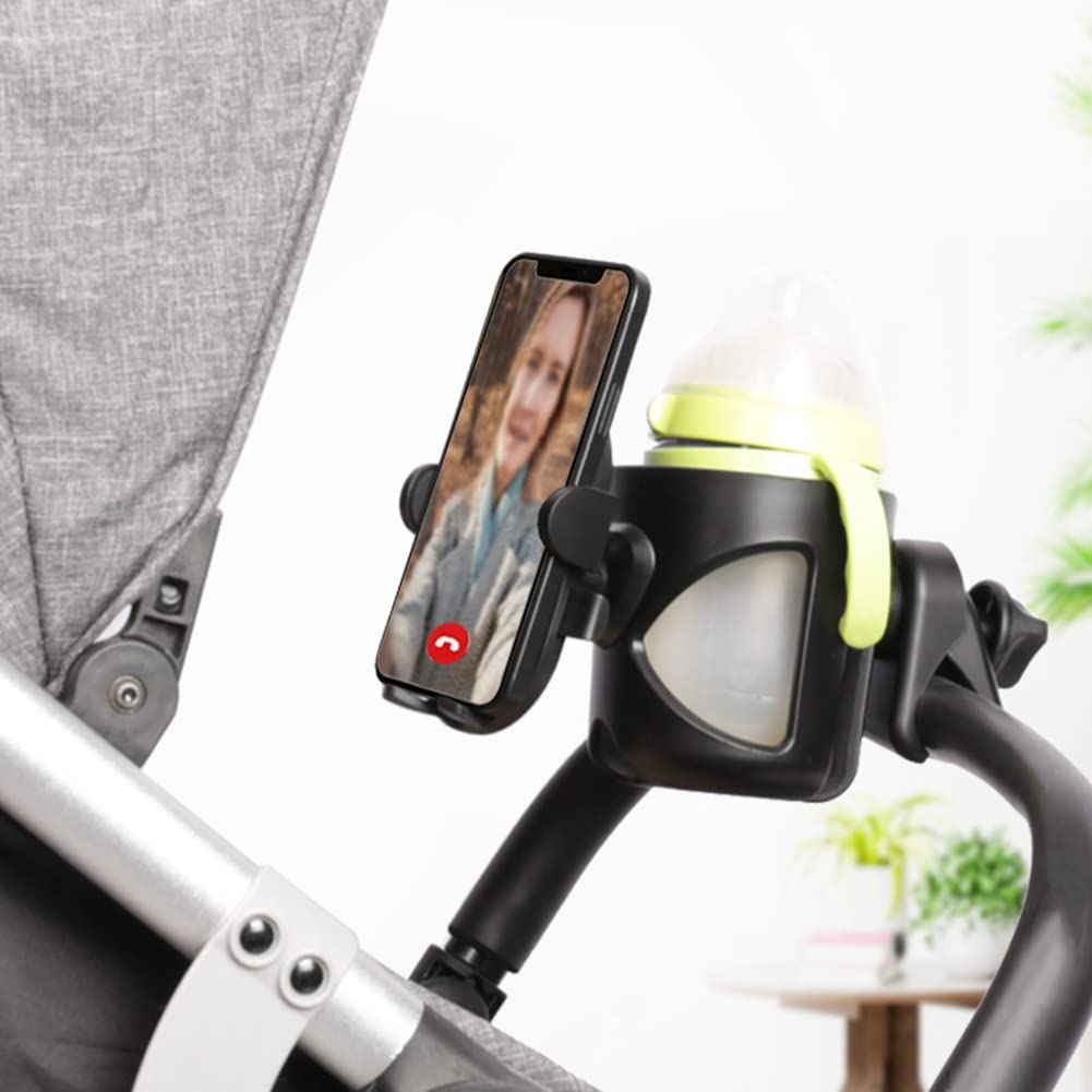 2 in 1 Universal Stroller Cup Holder & Bike Bottle Holder with Adjustable Phone Pocket (Fits 4-7.2 Inch Phones) - Perfect for Baby Strollers, Walkers, Wheelchairs & Bicycles | Durable & Convenient for Outdoor Activities, Shopping & Daily Use