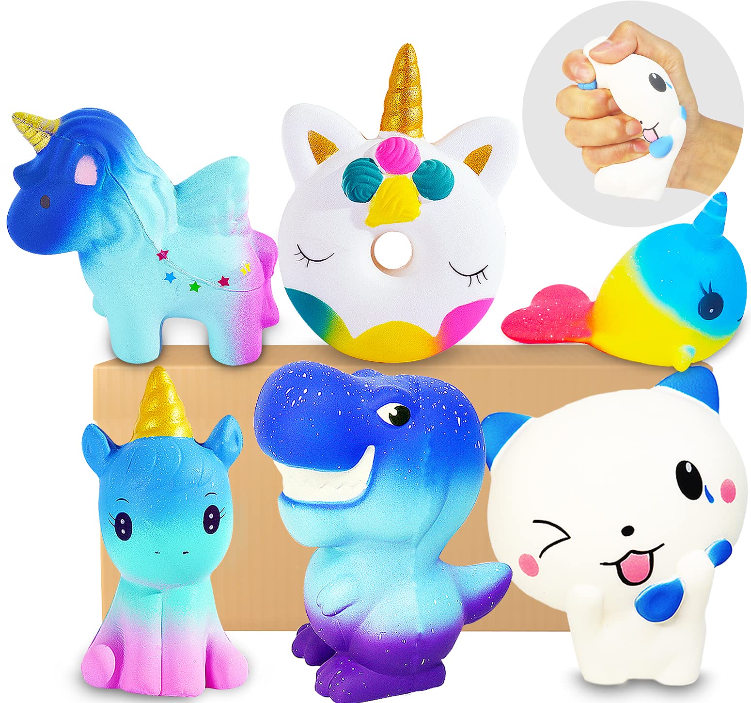 6 Pack Jumbo Squishy Toys - Unicorn, Dinosaur, Shark for Kids Stress Relief & Party Favors