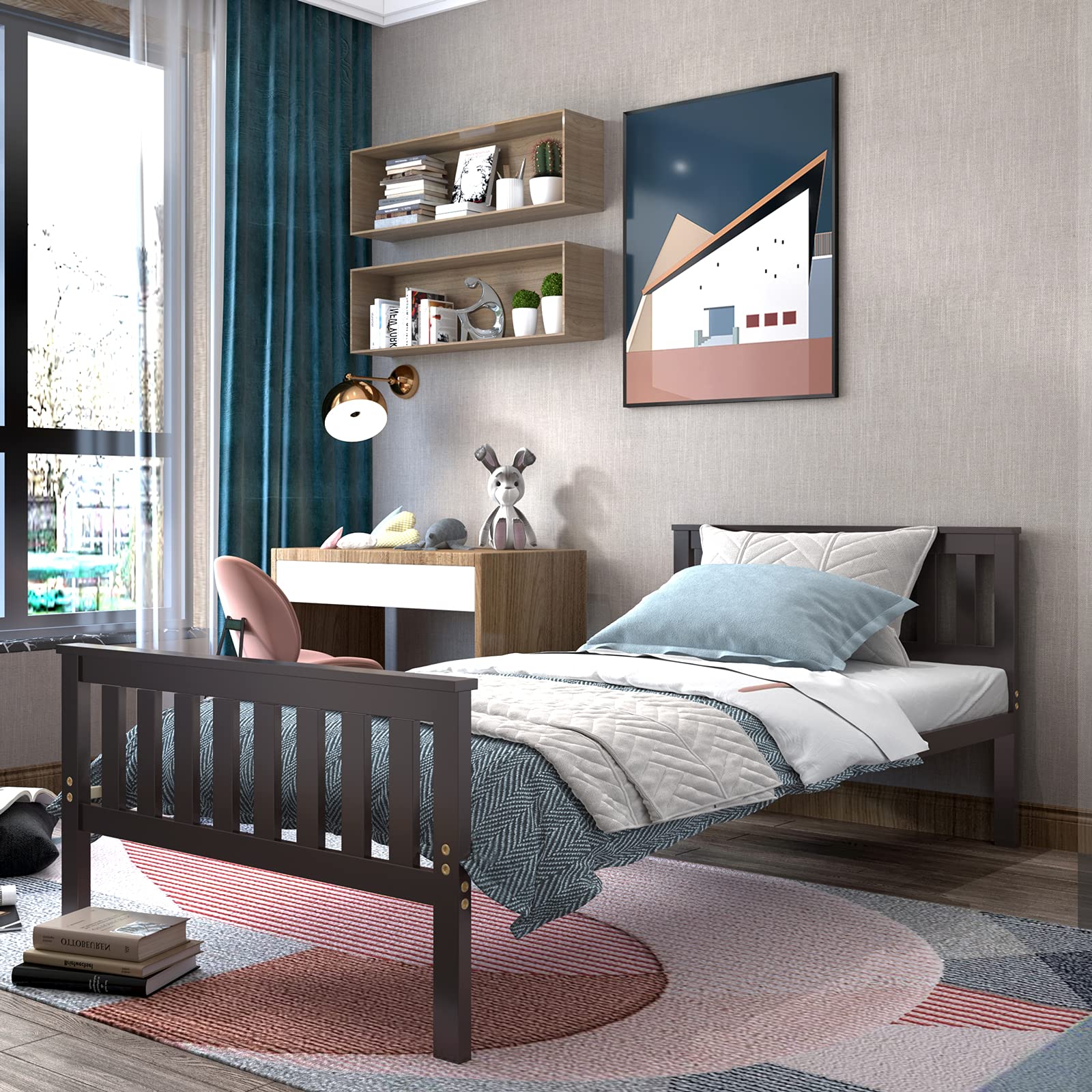 Giantex Twin Bed Frame with Headboard - 12 Inch Sturdy Wood Platform Bed Base, Wood Slat Support, No Box Spring Needed, Easy Assembly - Perfect for Guest Rooms, Dorms & Small Spaces