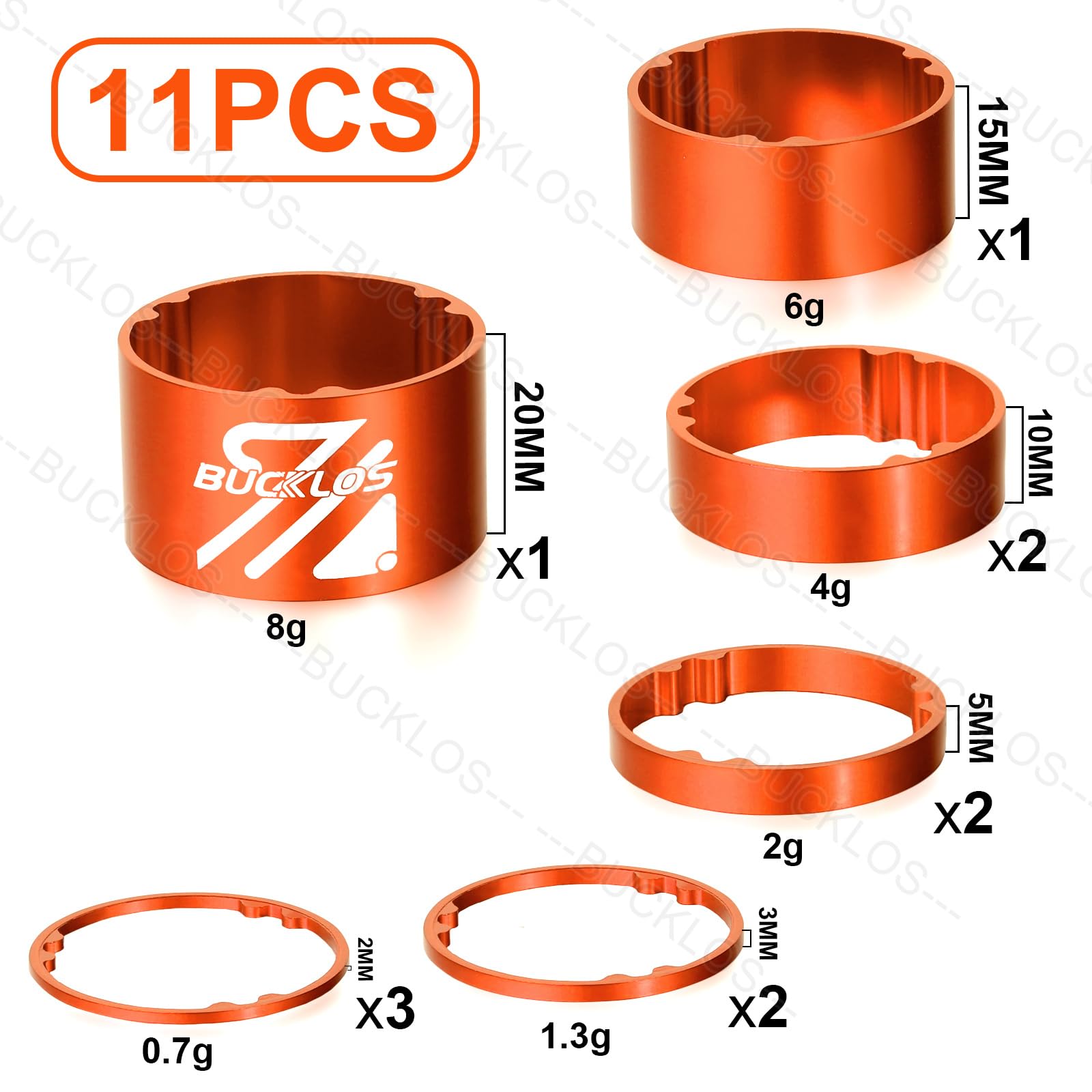 BUCKLOS 11PCS Aluminum Carbon Fiber Headset Spacer Kit for Bike 1-1/8