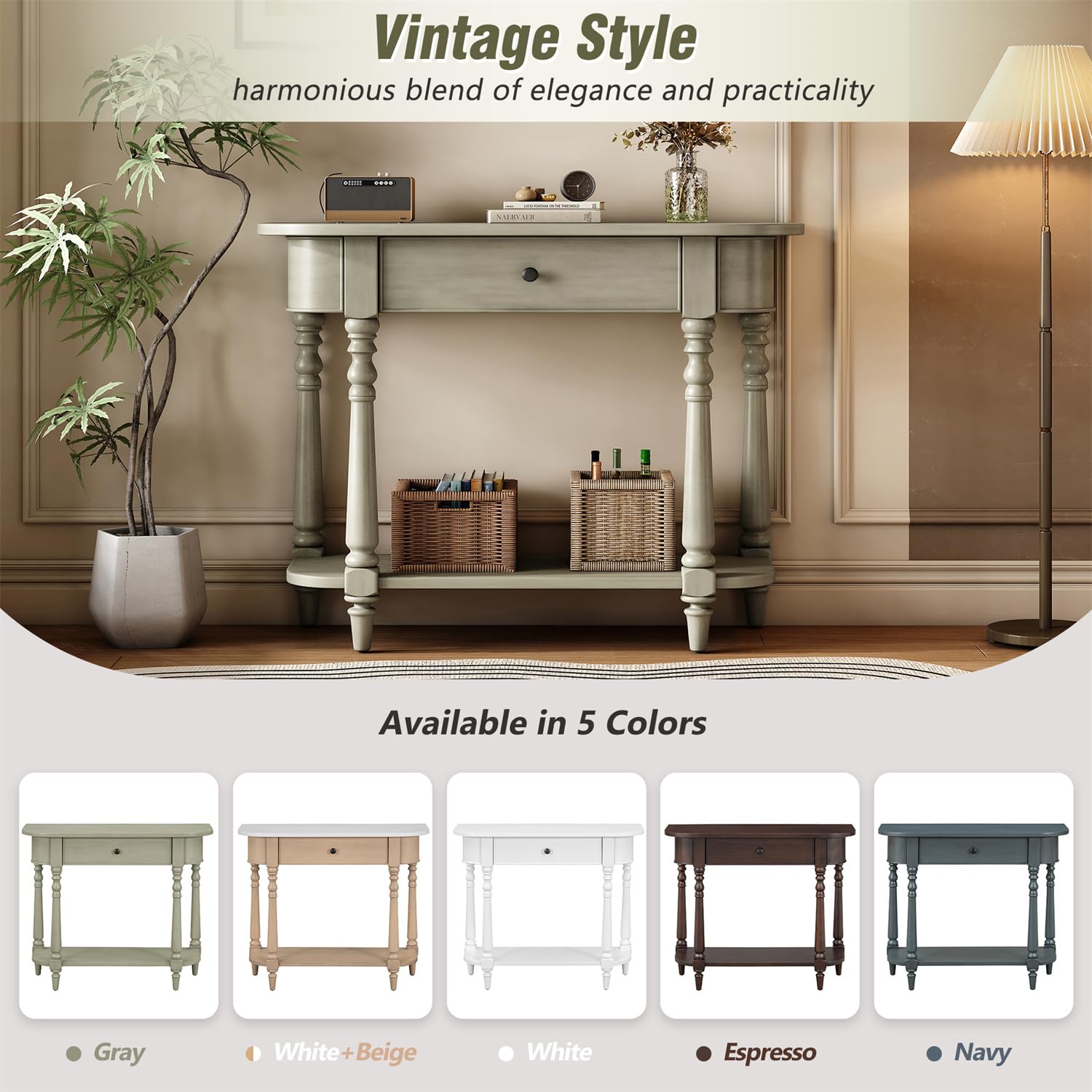 Polibi 36 Inch Retro Console Table with Drawer & Shelf - Solid Wood Sofa Table with Elegant Legs & Curved Corners - Entryway, Living Room Furniture - Grey - Perfect for Hallway Decor, Behind Couch & Small Space Organization