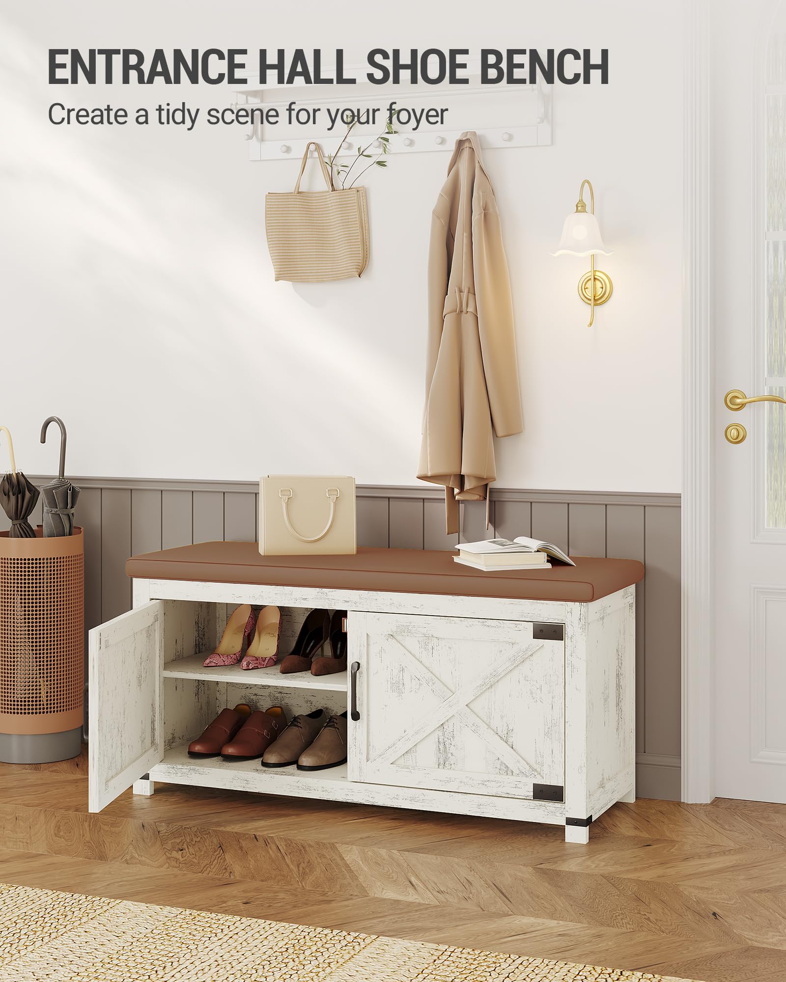 Farmhouse Shoe Storage Bench with Padded Seat - 2-Tier Entryway Organizer with Adjustable Shelf & Barn Doors - Antique White Shoe Cabinet for Living Room, Bedroom, Hallway - Perfect for Small Space Organization & Mudroom Decor