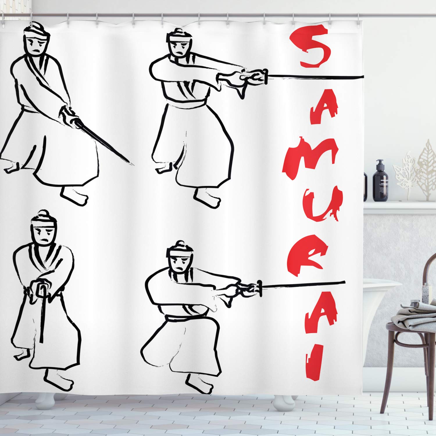 Ambesonne Japanese Samurai Shower Curtain - Katana Fight Martial Art Design on White, Red & Black Fabric Bathroom Decor Set with Hooks, 69x84 Inches - Perfect for Asian-Themed Bathrooms & Zen Home Decor