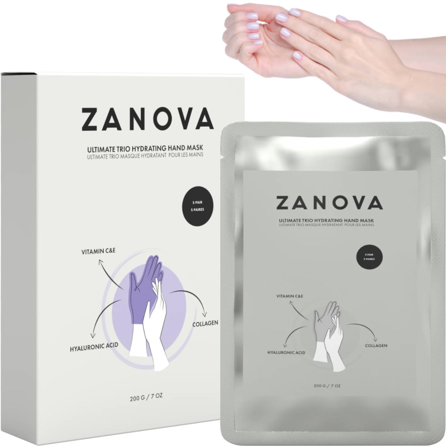 ZANOVA Collagen Hand Mask with Hyaluronic Acid, Vitamin C & E - Repairing Treatment for Dry, Damaged Hands - Soothes Skin Picking & Nail Biting Damage - Ultimate Trio Formula for Sensitive Skin (5 Pairs) - Perfect for Post-Manicure Care & Nighttime Hand Treatment
