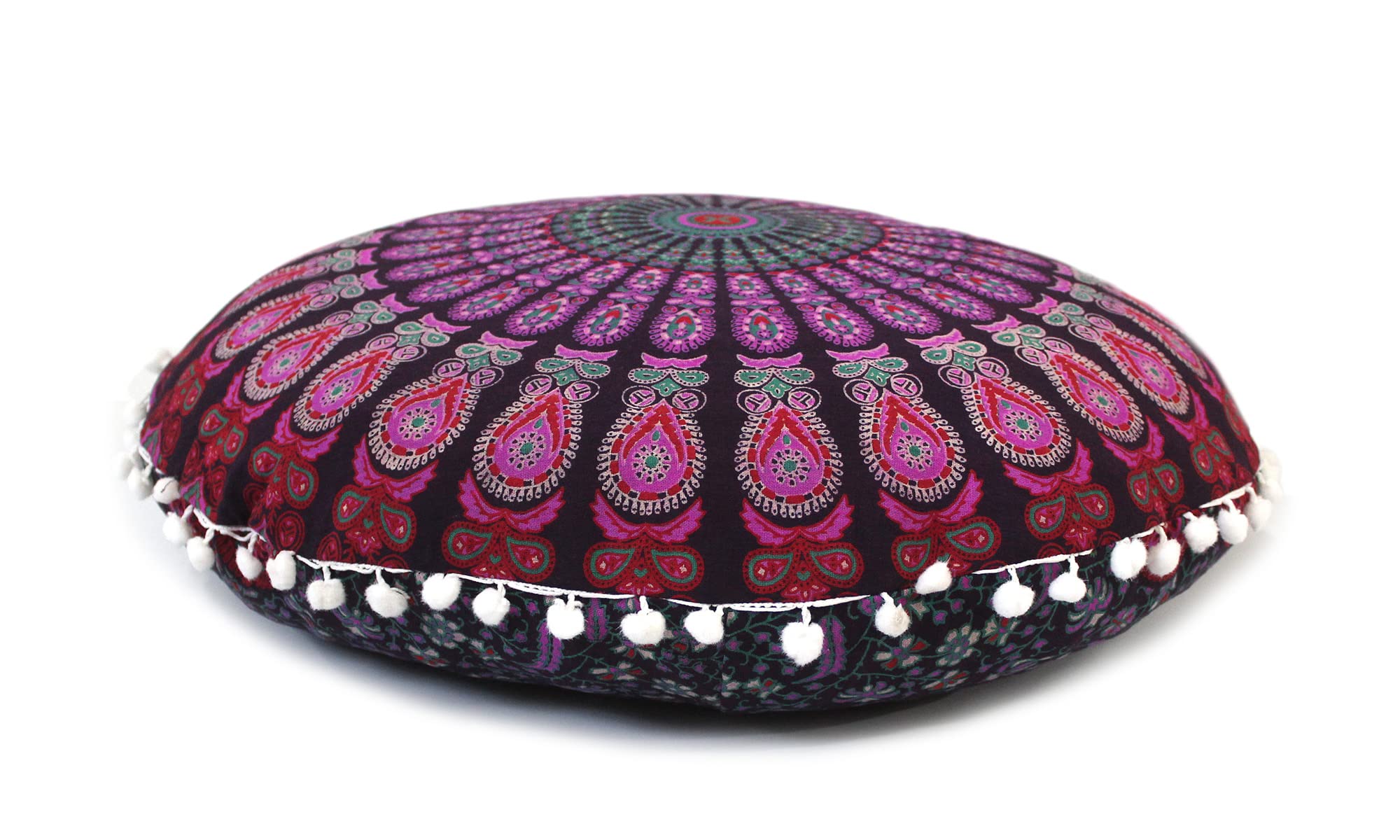 22 Inch Round Mandala Meditation Floor Pillow - Bohemian Cotton Pouf Cushion for Yoga, Meditation & Relaxation - Pink Peacock Design - Perfect for Living Room, Outdoor Fireplace & Home Décor