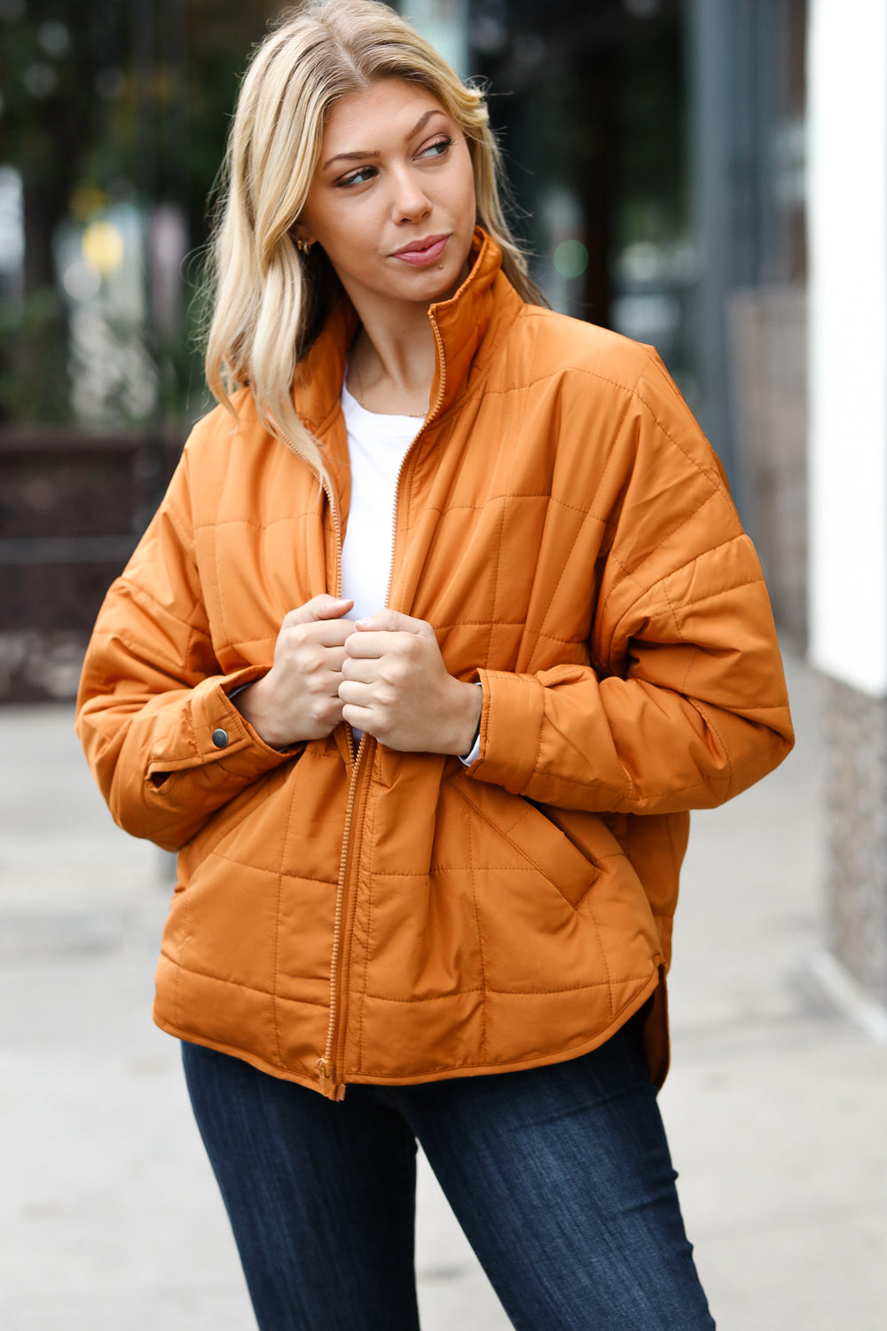 Butterscotch Quilted Puffer Jacket for Women - Warm Winter Coat with Stand Collar | Stylish Outerwear for Cold Weather, Outdoor Activities & Daily Commute