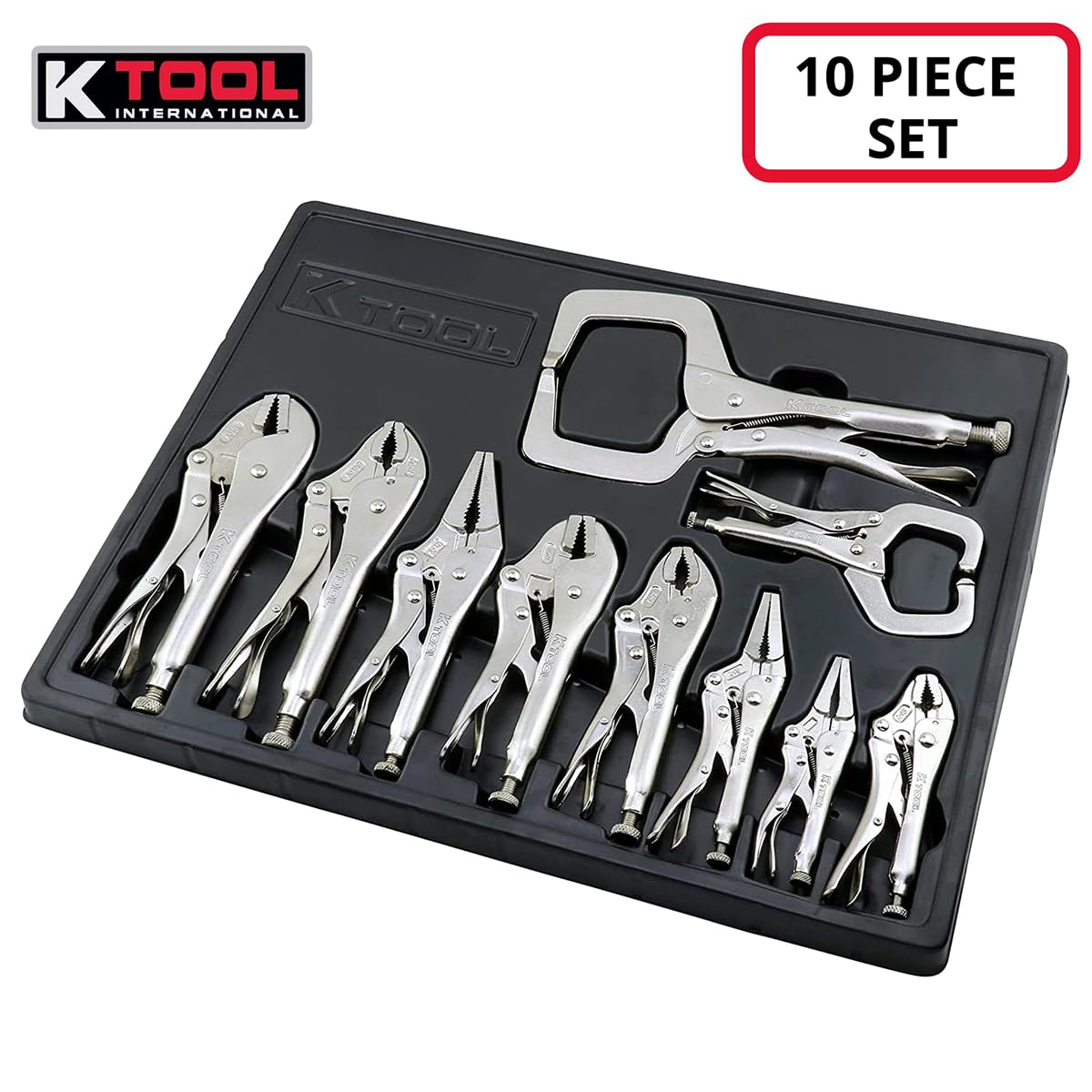 K Tool International 58730 10-Piece Automotive Vice Grip Pliers Set - Locking Straight & Curved Jaw Needle Nose Pliers for Auto Repair, DIY Projects & Garage Use | Heat-Treated Nickel Plated Steel with Organizing Tray | Perfect for Mechanics, Home Workshops & Professional Repair Shops