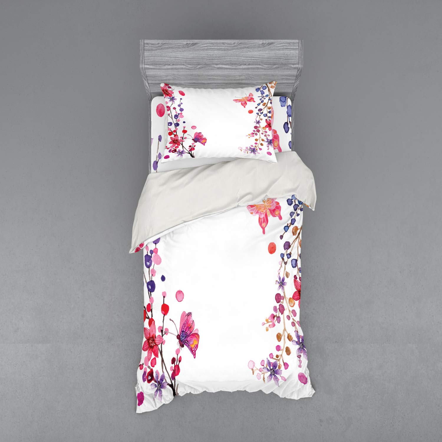 Ambesonne Butterfly Duvet Cover Set - 3 Piece Twin XL Size, Aquarelle Floral Boho Design with Wings of Springs Print in Purple, White & Pink | Perfect for Bohemian Bedroom Decor & Spring Themed Home Styling