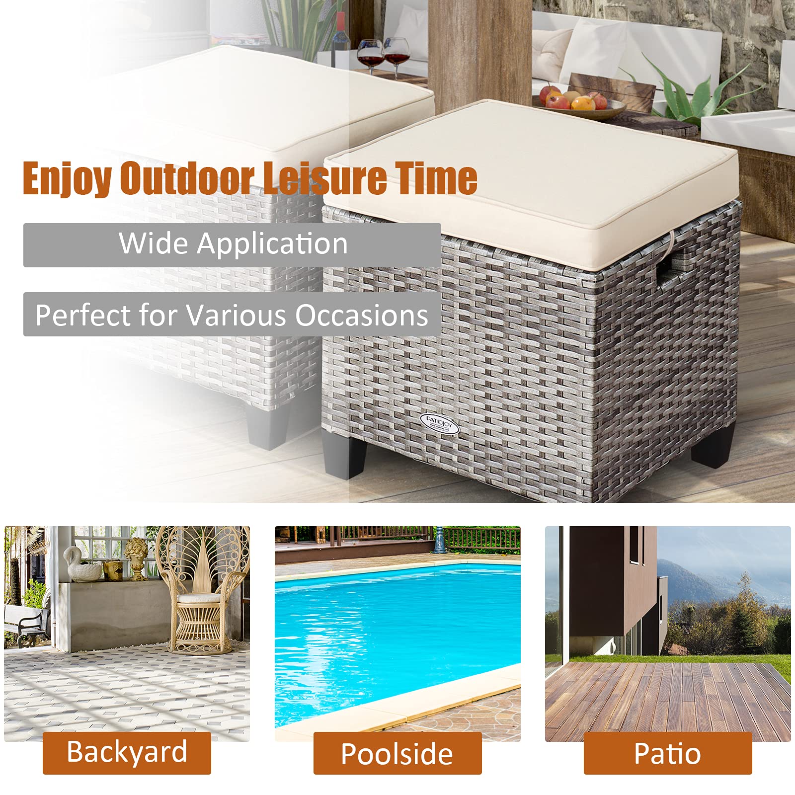 RELAX4LIFE 2-Piece Outdoor Rattan Ottoman Set with Cushions - All-Weather Wicker Patio Furniture with 2 Footrest Stools, Durable Steel Frame for Backyard, Garden, Poolside & Deck (White)