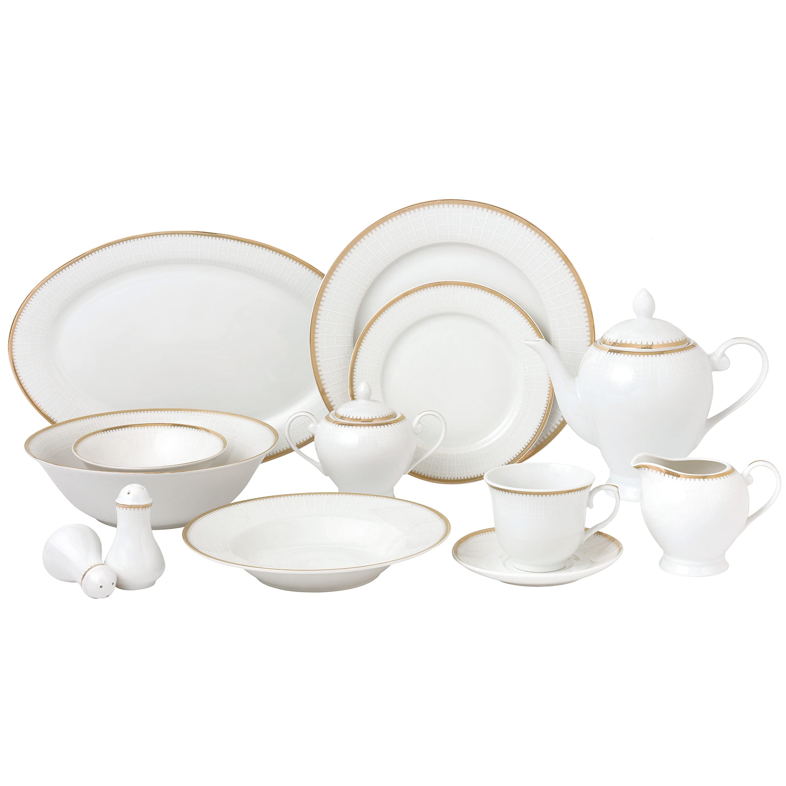 57-Piece Porcelain Dinnerware Set for 8 - Elegant Gold Trimmed Georgette Collection | Perfect for Formal Dining, Dinner Parties & Holiday Entertaining