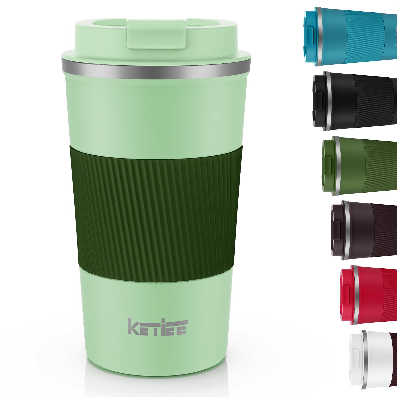KETIEE 12oz Vacuum Insulated Stainless Steel Travel Coffee Mug - Leakproof Lid, Double Wall Thermal Tumbler for Hot & Cold Drinks - Reusable Coffee Cup for Commuting, Camping & Office (Green)