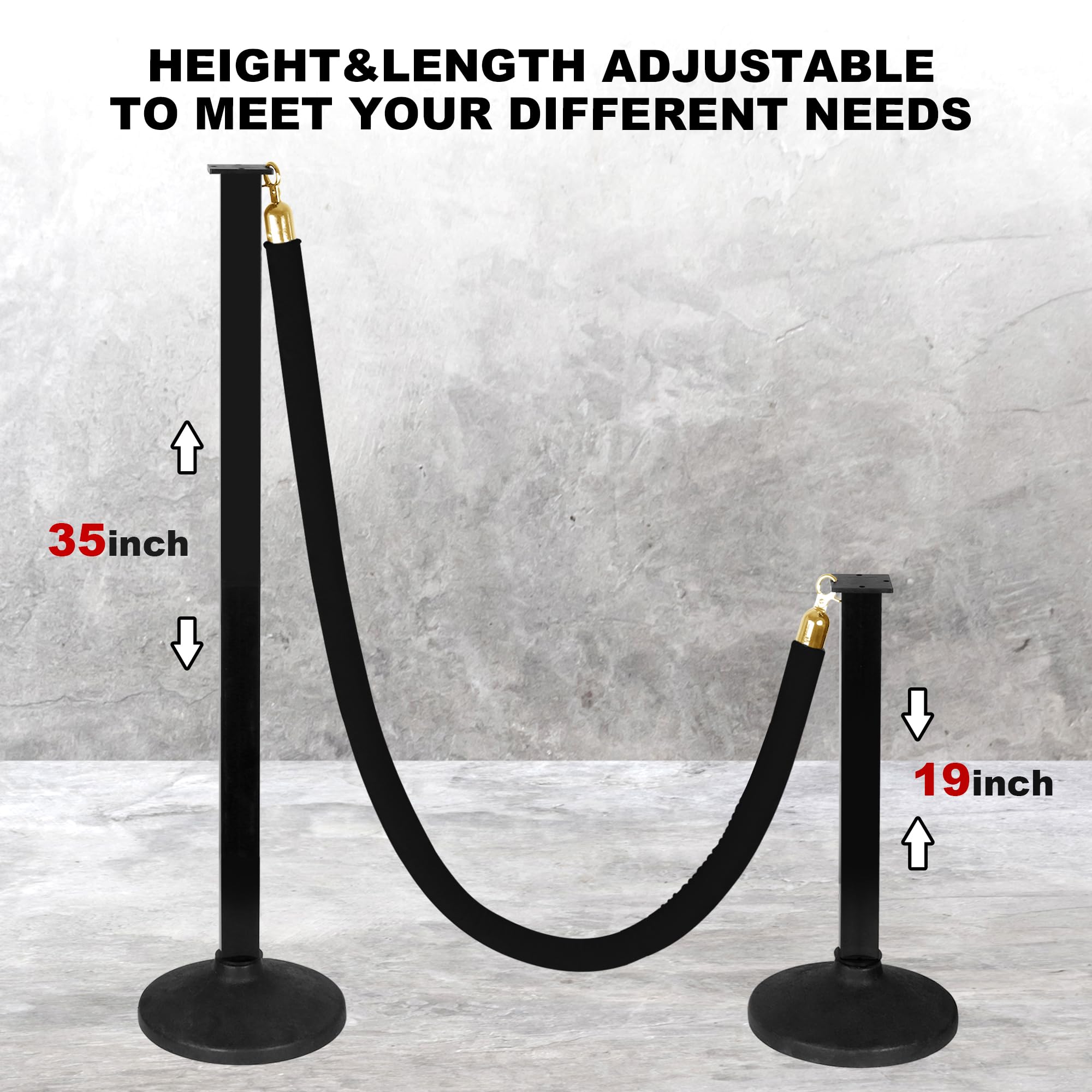 4 Pack Heavy Duty Stanchions with Velvet Rope & Weighted Base - Premium Crowd Control Posts for Queue Management - Perfect for Movie Theaters, Events, Parties and VIP Areas
