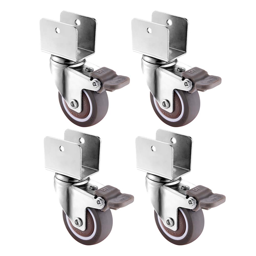 Heavy Duty 2 Inch (50mm) U-Shaped Bracket Crib with Silent Swivel Rubber Casters and Brake - 4 Pack for Wooden Furniture (25mm Groove, 120kg Load Capacity) - Perfect for Cribs, Beds, Sofas and Office Furniture Mobility