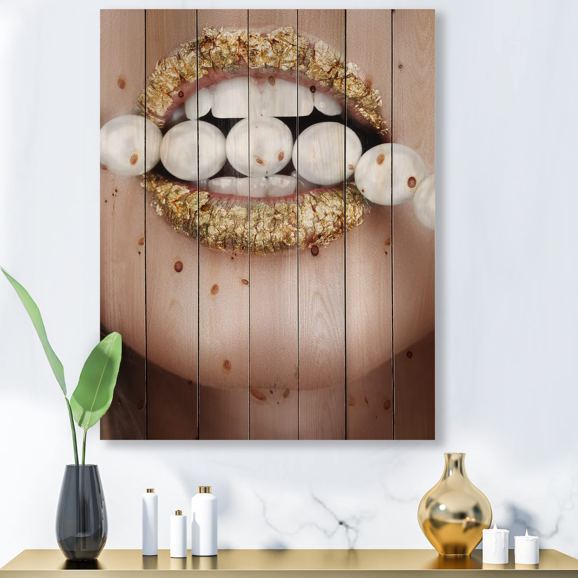 DesignQ Gold Leaf & Pearl Modern Wood Wall Art - Contemporary Large Wood Wall Decor with Printed Pine Panels - Perfect for Living Room, Bedroom & Office Decor