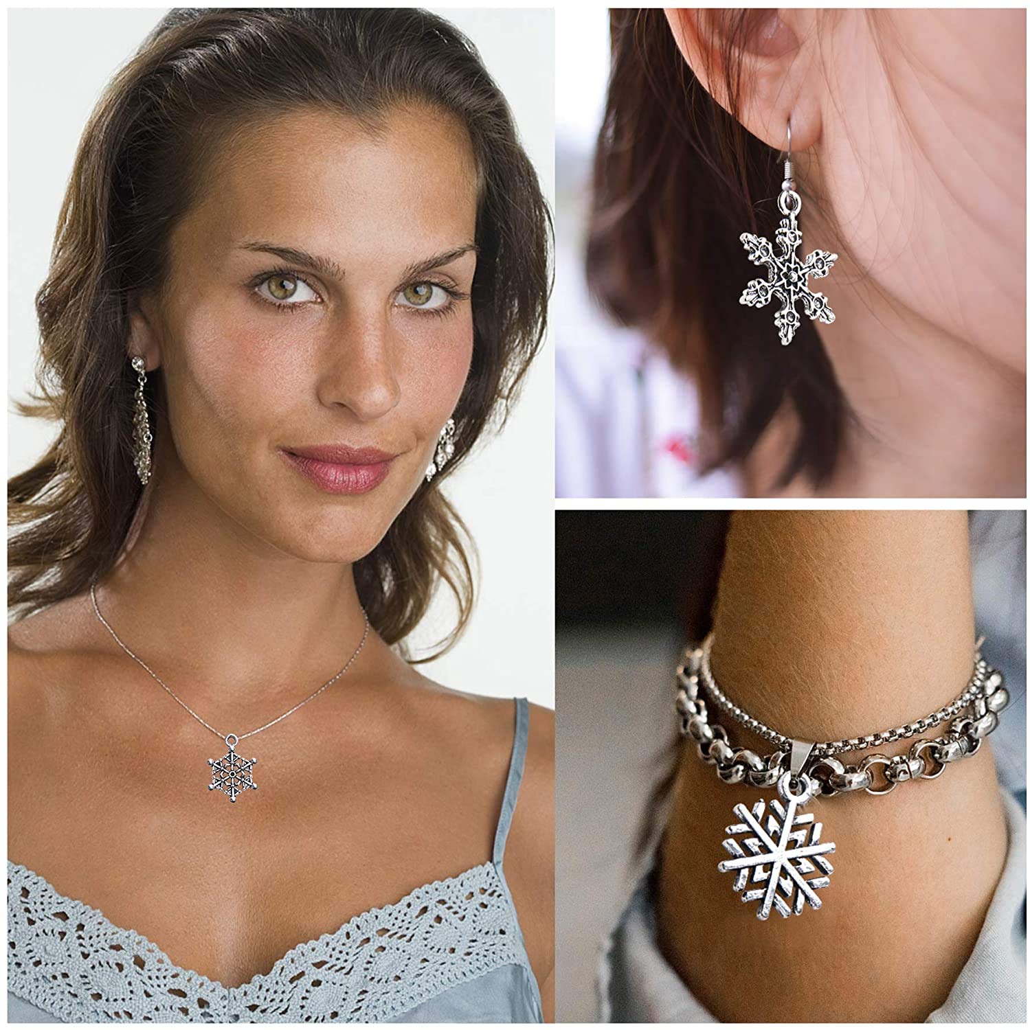 SANNIX 140pcs Snowflake Silver Charms - Christmas Snowflake Pendants for DIY Jewelry Making, Necklace & Bracelet Crafting - Antique Silver Charms in 14 Styles - Perfect for Holiday Gifts, Christmas Decorations & Winter-Themed DIY Projects