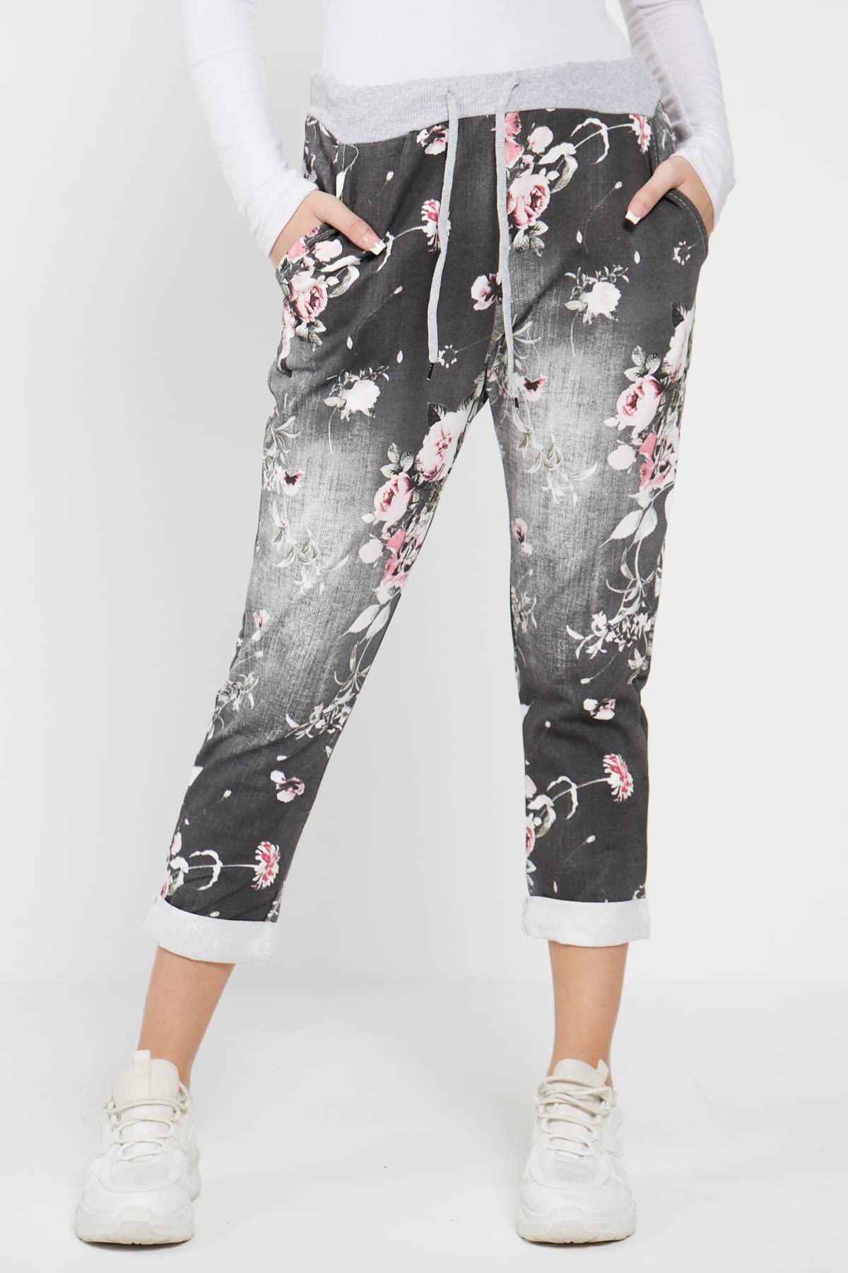 Women's Floral Print Denim Joggers - High Waisted Casual Sweatpants for Summer | Italian Gym Pants for Women | Plus Size 6-20 | Perfect for Yoga, Running & Streetwear Fashion