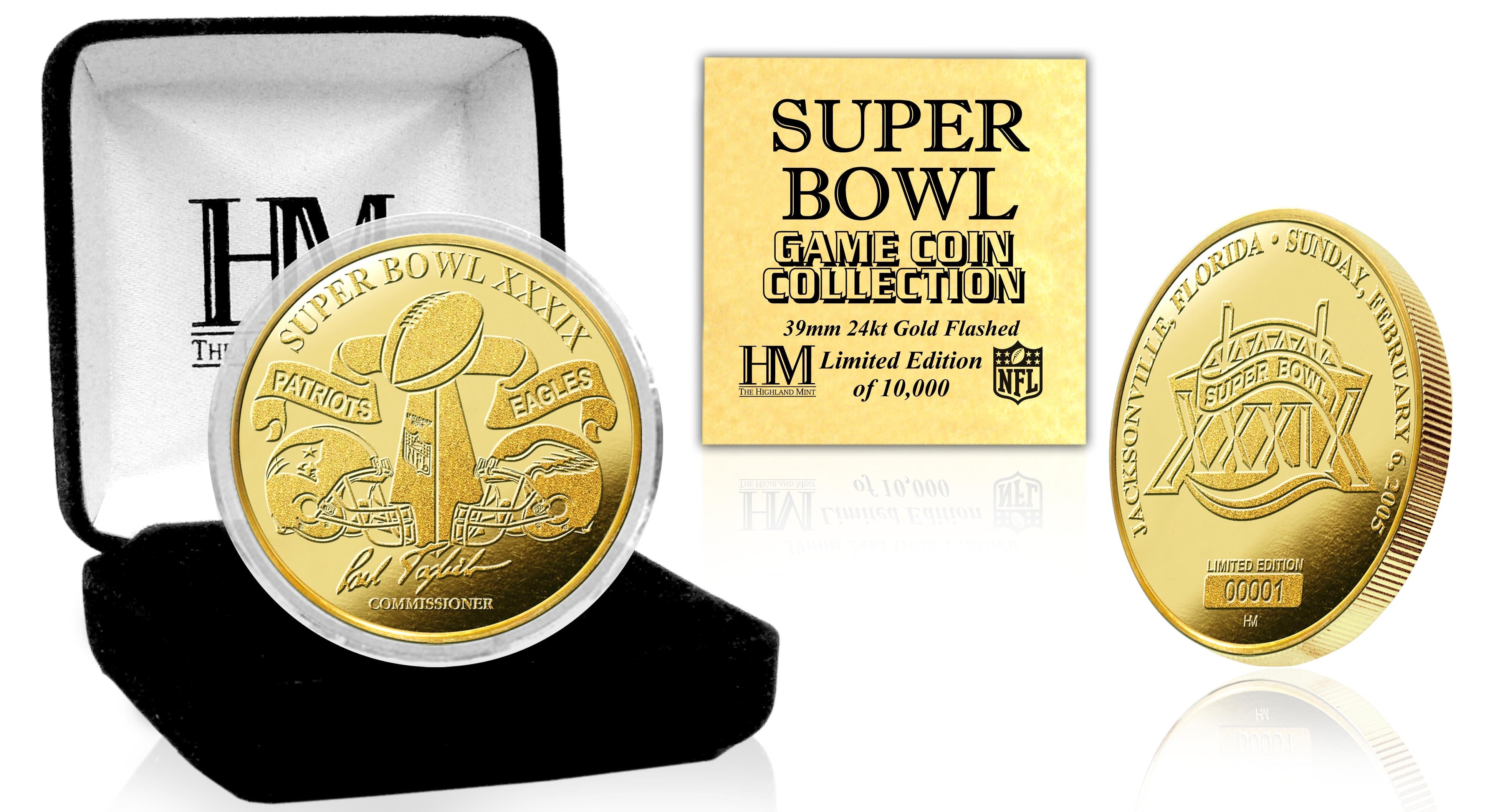 24K Gold Super Bowl XXXIX Commemorative Flip Coin - Collectible Sports Memorabilia for Football Fans and Coin Enthusiasts - Perfect for Game Day Decor, Sports Themed Parties, and Championship Celebrations
