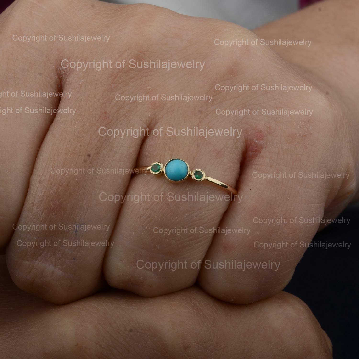 14K Solid Yellow Gold Sleeping Beauty Turquoise & Emerald Wedding Band Ring - Handmade Minimalist Jewelry for Women - Perfect for Anniversaries, Engagements & Special Occasions