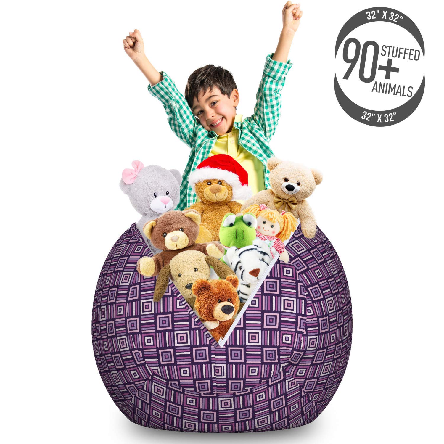 Ambesonne Geometric Quadrilaterals Pattern Storage Toy Bag Chair - Contemporary Stripes & Squares Design, Large Washable Stuffed Animal Organizer in Purple & Plum | Perfect for Kids' Room, Playroom & Dorm Organization