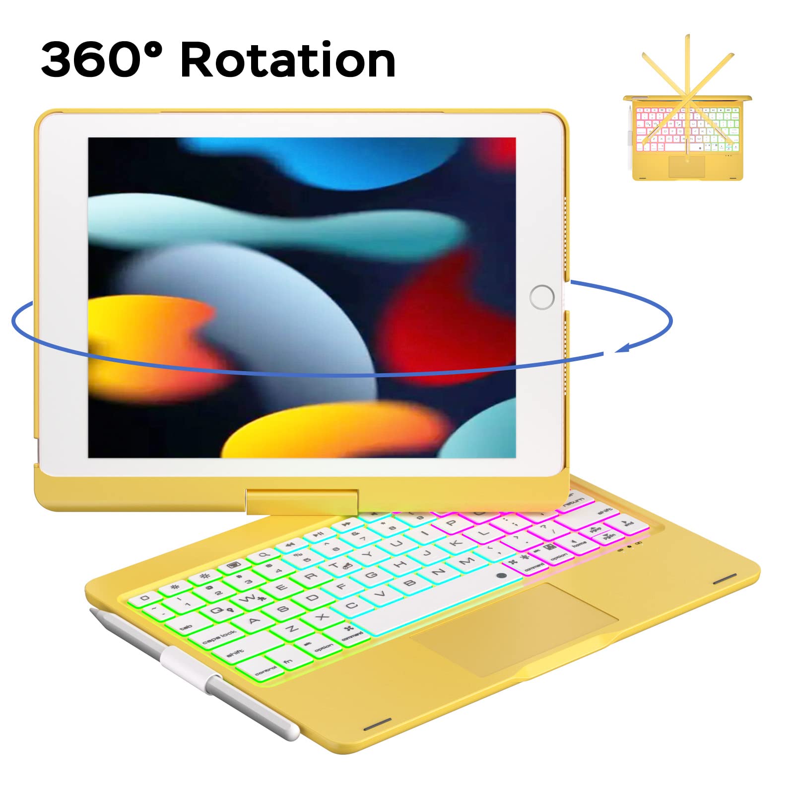 NOKBABO iPad 9th/8th/7th Gen Case with Bluetooth Keyboard - 360° Rotatable Stand, 7-Color Backlit Touchpad & Apple Pencil Holder | Compatible with iPad 10.2 inch & iPad Air 3rd Gen/iPad Pro 10.5 inch | Perfect for Work, Study & Travel (Yellow)