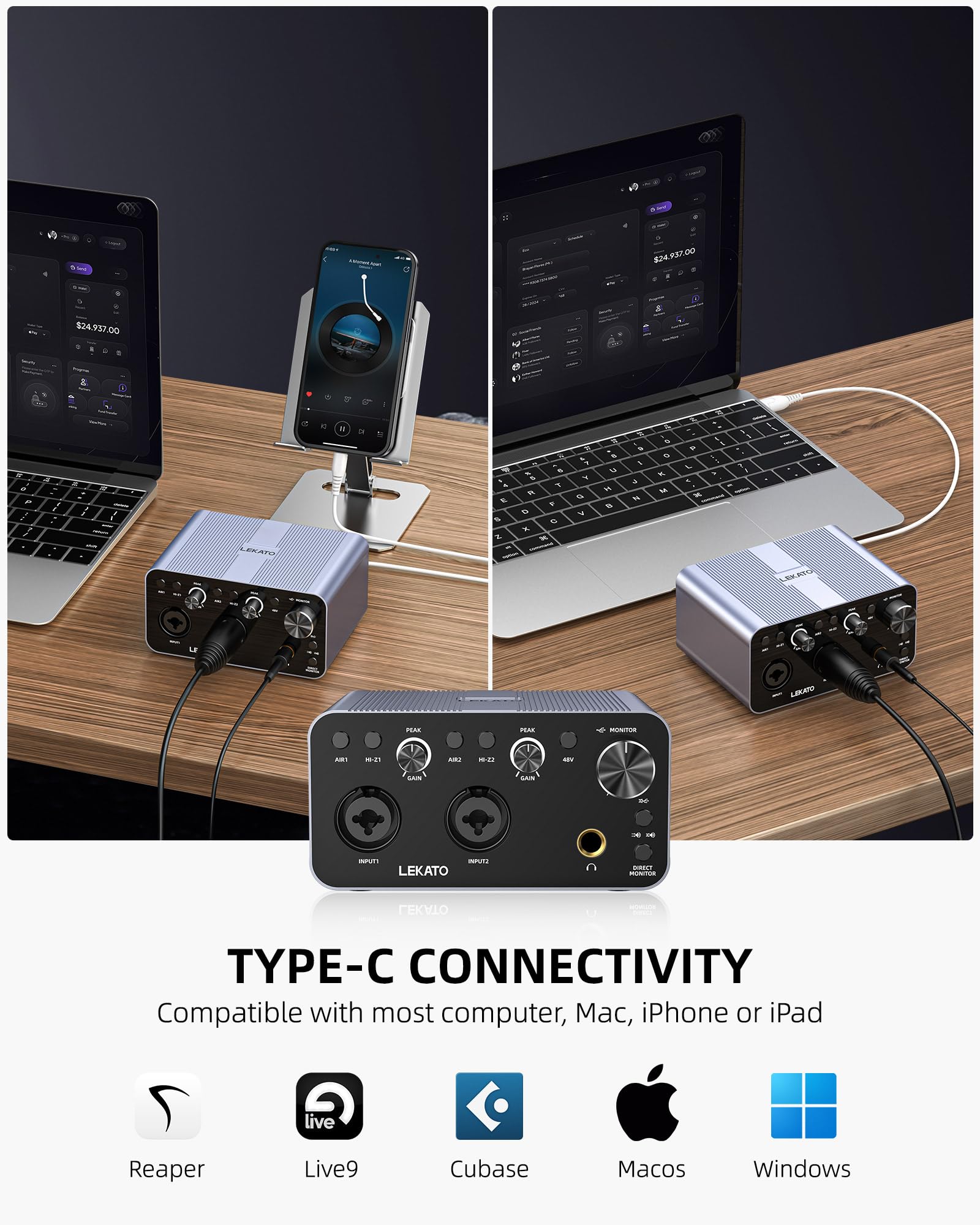 LEKATO 2i2 USB Audio Interface - 24-bit/192kHz Studio Recording Interface with XLR Inputs & 48V Phantom Power for Smartphones, Computers, Guitars, Podcasting & Music Production - Perfect for Home Studios, Live Streaming & Professional Recording Sessions