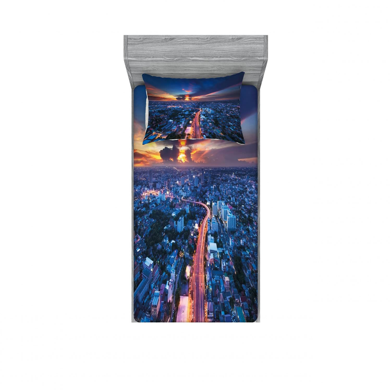 Ambesonne Urban 2-Piece Twin Fitted Sheet & Pillow Sham Set - Bangkok Thailand Skyline Design, Blue Coral Bedding Decor (Includes 2 Fitted Sheets & 2 Pillow Covers) | Perfect for Guest Rooms, Dormitories & Cozy Apartment Decor