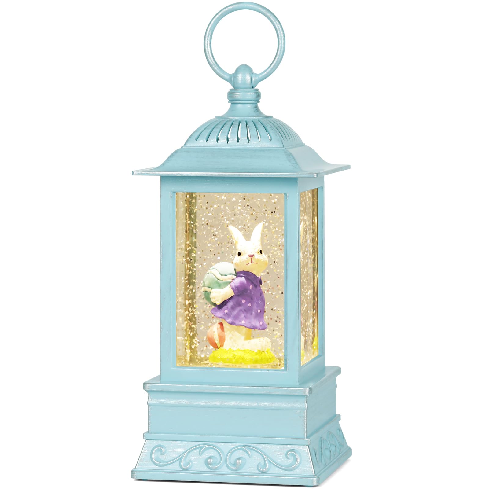 Easter Bunny Lighted Snow Globe Lantern with Swirling Glitter - Spring Holiday Home Decor for Tabletop, Mantel & Easter Party Decorations (Bunny & Eggs Design)