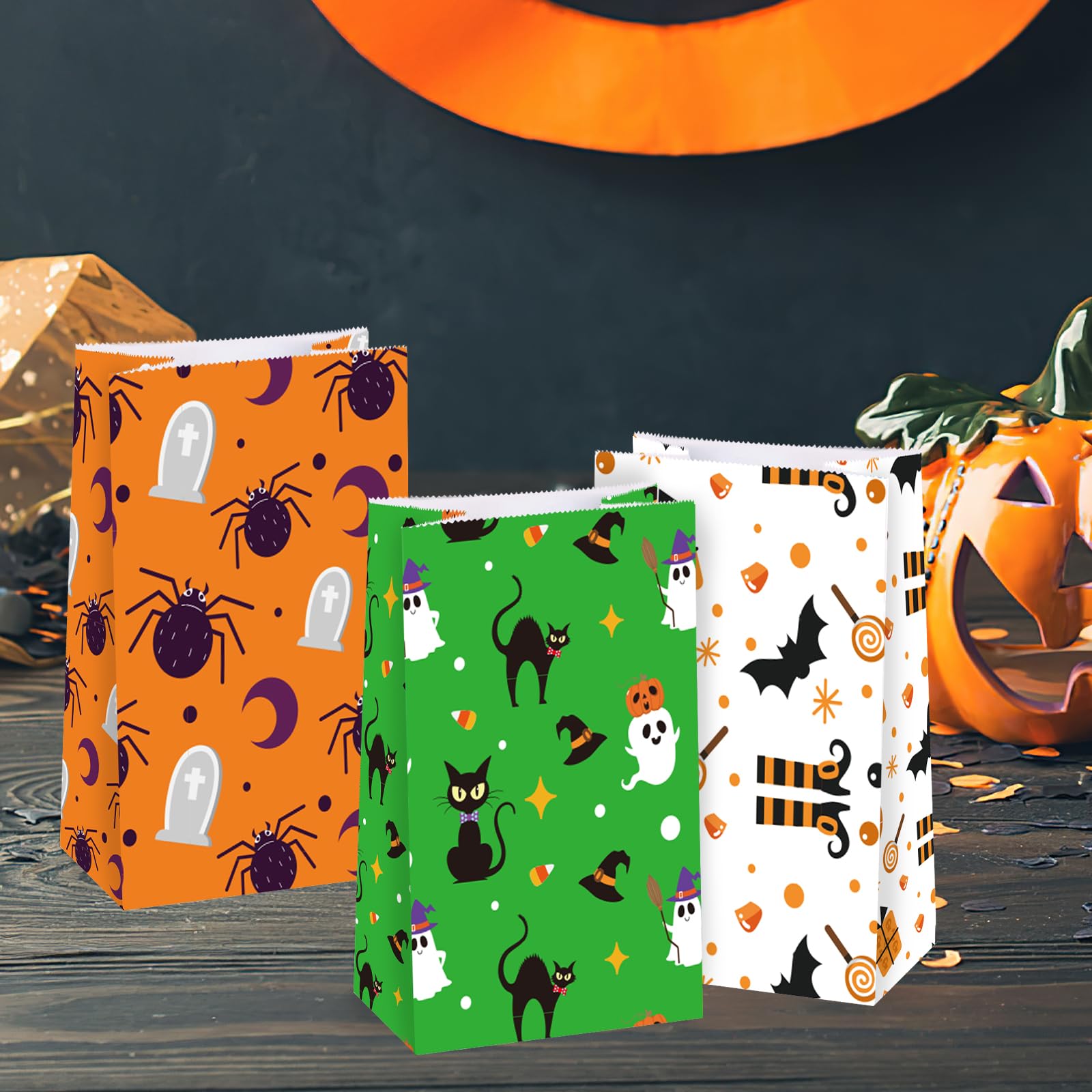 JOHOUSE 54PCS Halloween Candy Bags Bulk - Small Paper Treat Bags with Sealing Stickers for Trick or Treat, Party Favors, Classroom Treats & Halloween Party Decorations