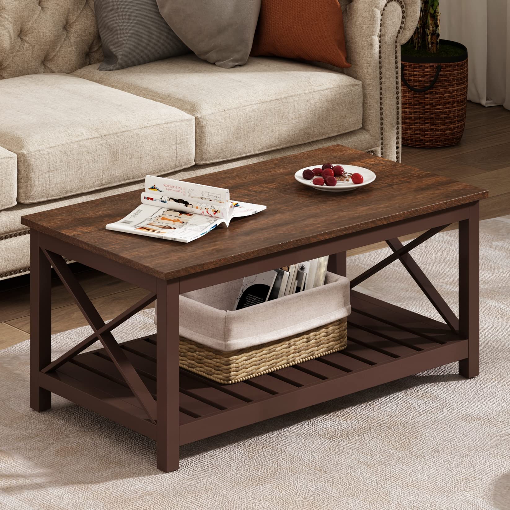 Rustic Vintage Farmhouse Coffee Table with Shelf - ChooChoo Solid Wood Living Room Table, 40
