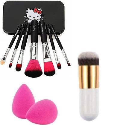 Hello Kitty 7-Piece Makeup Brush Set with Foundation Brush & 2 Blenders - Professional Cosmetic Brush Kit for Eyeshadow, Contouring & Blending (10 Items) - Perfect for Travel, Home & Professional Makeup Artists