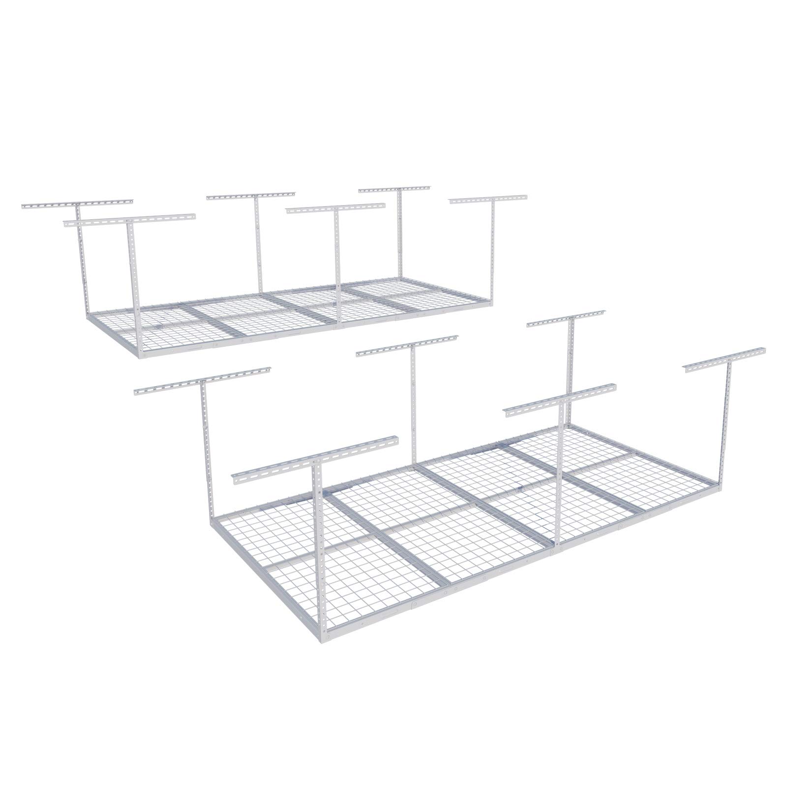 FLEXIMOUNTS 4x8 Overhead Garage Storage Rack - Heavy Duty Adjustable Ceiling Shelving System, 2 Pack White Metal Shelves for Home Organization - Perfect for Garage, Basement & Attic Storage Solutions