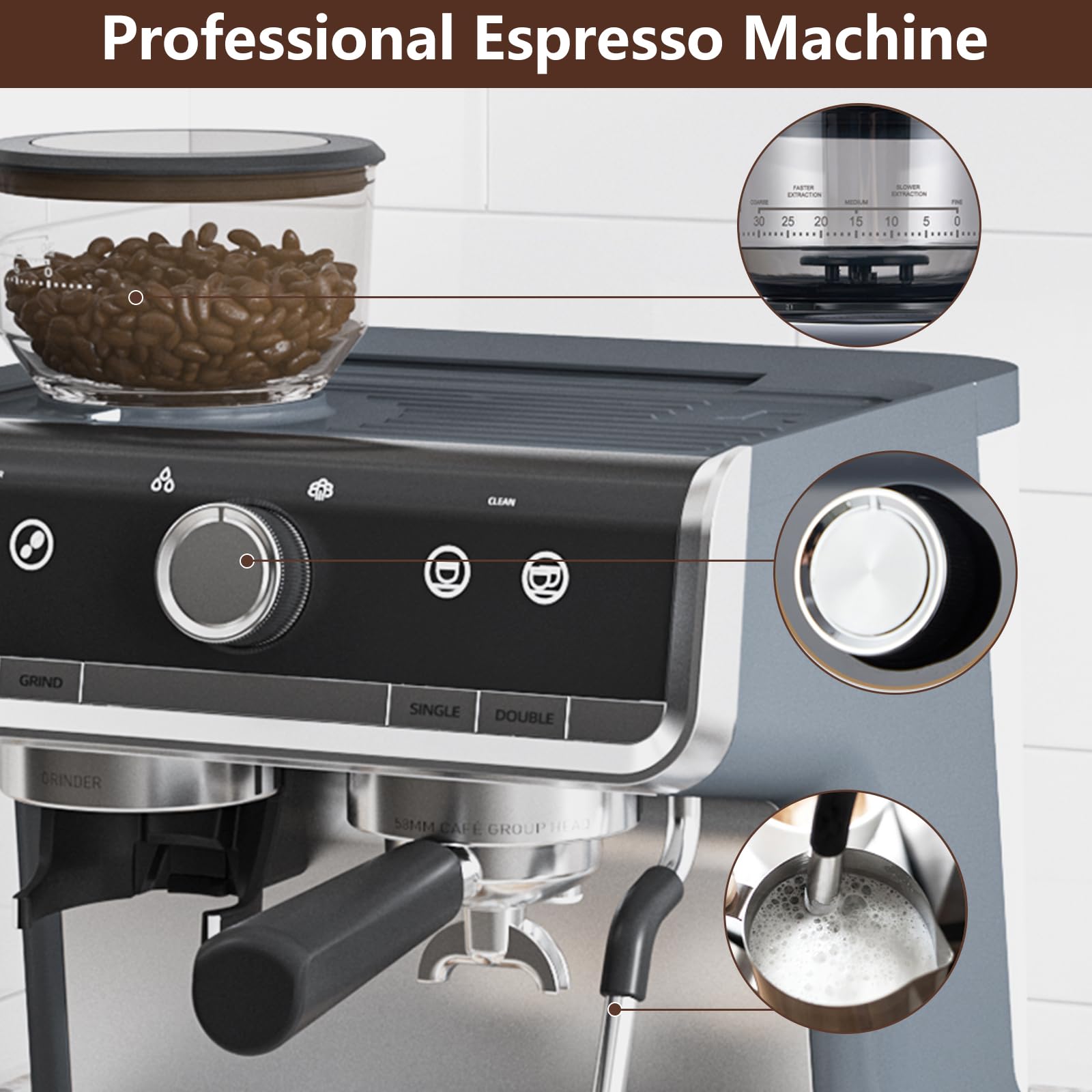 20 Bar Semi-Automatic Espresso Machine with Built-in Coffee Grinder & Milk Frother - 95oz Removable Water Tank for Cappuccino, Latte - Perfect for Home Baristas & Coffee Shops (Dark Gray)