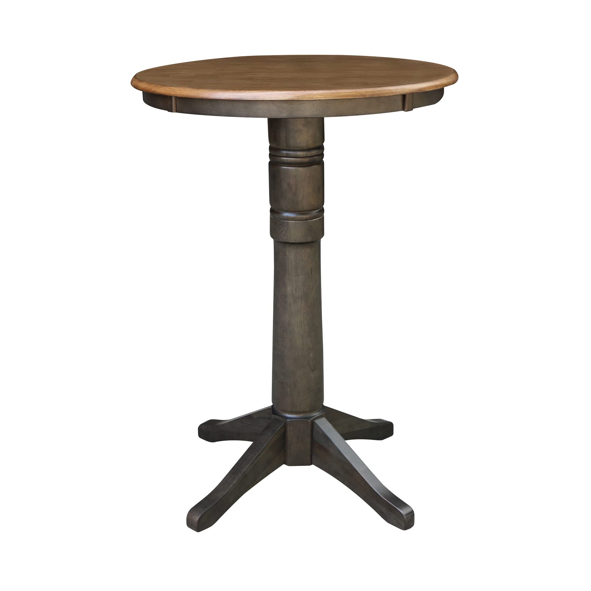 IC International Concepts Round Top Pedestal Dining Table - 42 Inch Bar Height - Solid Hickory Wood with Washed Coal Finish - Perfect for Kitchen, Breakfast Nook & Small Space Dining