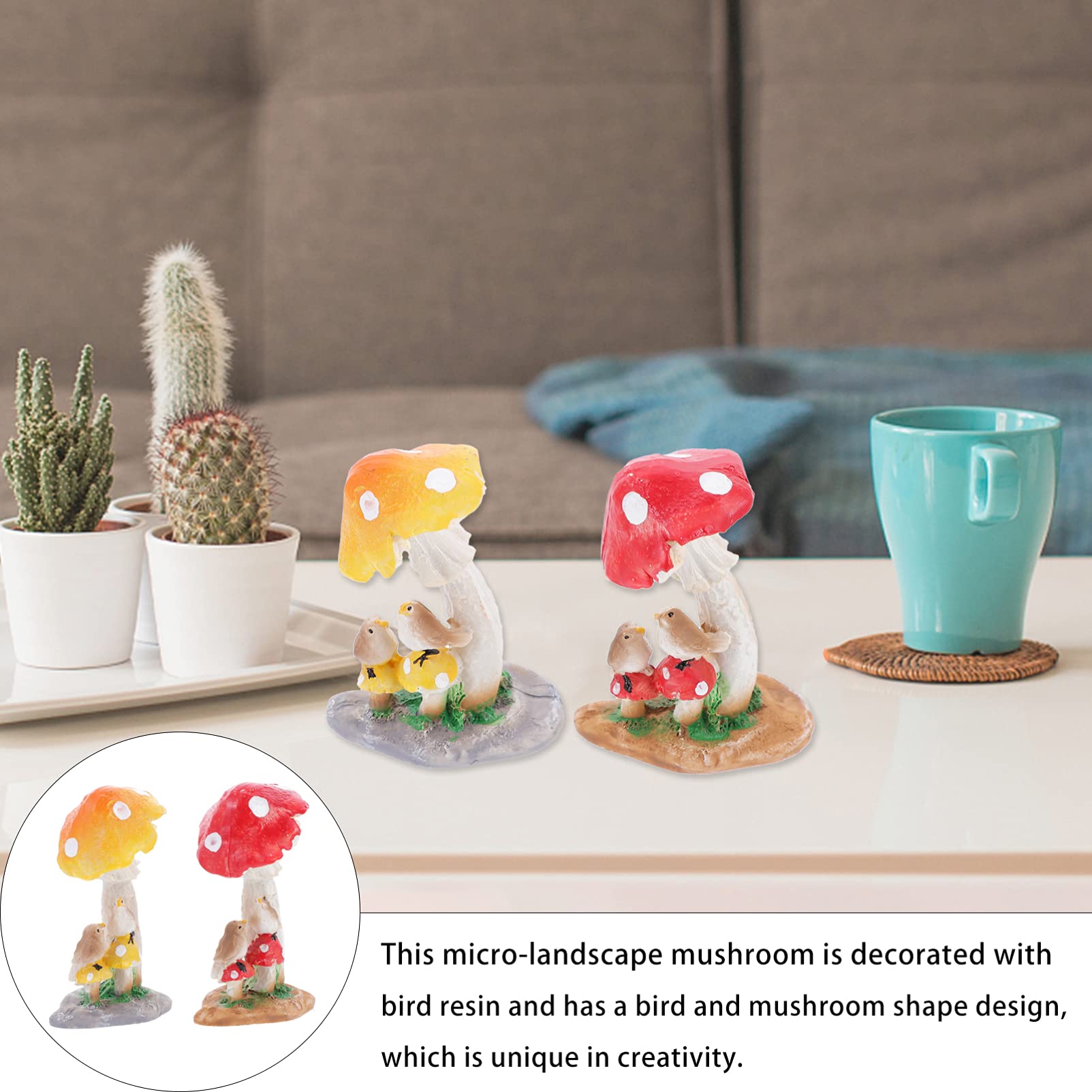 2pcs Mushroom Ornament Resin Craft Figurines - Cute Home Decor, Garden Fairy Decor, Shelf Display, DIY Terrarium Accents for Indoor Outdoor Decoration