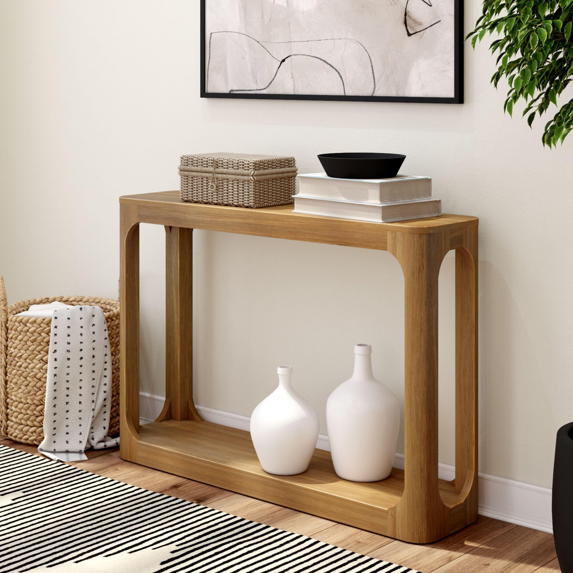 Solid Wood Console Table - 46 Inch Plank+Beam Forma Sofa Table | Entryway, Hallway & Behind Couch Table | Easy Assembly Pecan Wood | Perfect for Living Room, Foyer & Narrow Spaces