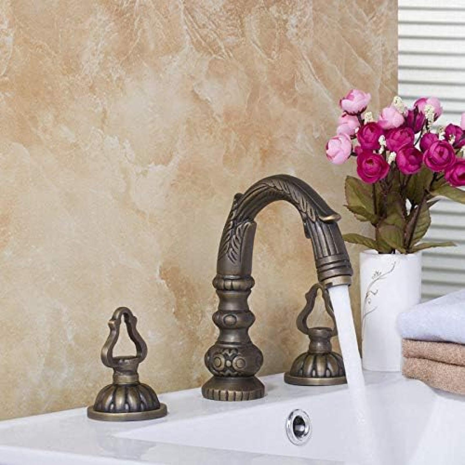 CRJUS Solid Brass Antique Bathroom Faucet Set - 3-Piece Dragon Totem Sink Mixer with Spray Spout Hose for Basin, Bathtub, and Vanity | Vintage Brass Tap for Modern and Traditional Bathrooms