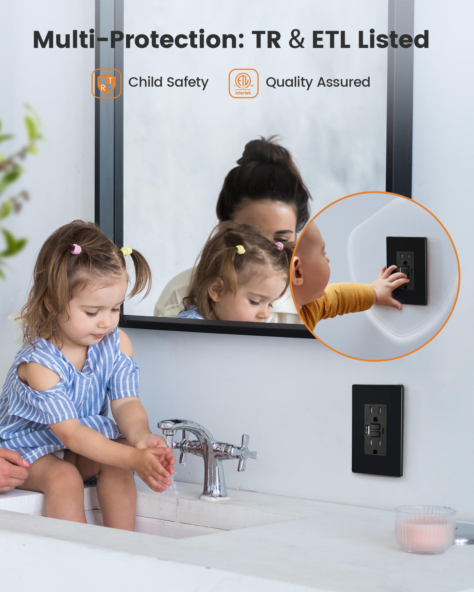 SURAIELEC 15 Amp GFCI Outlet with USB Ports - Self-Test GFCI Combo Outlet with USB-C & USB-A, Tamper-Resistant Electrical Outlet, Screwless Wall Plate, ETL Listed (Black, 1-Pack) - Perfect for Kitchens, Bathrooms & Home Offices