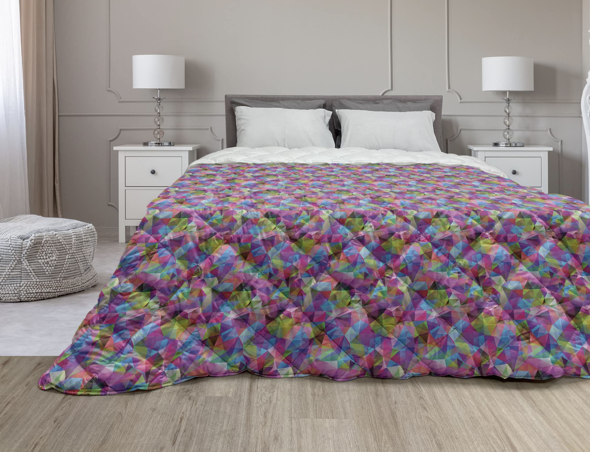Ambesonne Psychedelic Down Alternative Comforter - Geometric Triangular Illusion Gradient Design - All Season Microfiber Quilt - Twin XL Size - Dark Magenta Green & Blue - Perfect for Modern Bedroom, Dorm Room, or Guest Room Decor